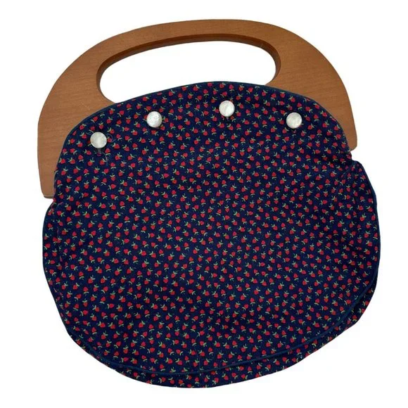 Vintage 1970s Preppy Bermuda Bag Reversible Covers Black Velvet Strawberry Print - Picture 7 of 9